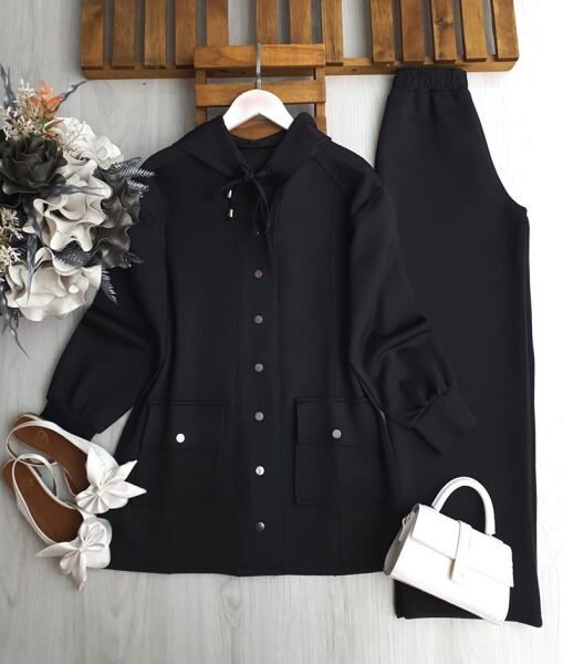 CUME ÇIT ÇIT DÜĞMELİ KAPŞONLU İKİLİ TAKIM A7-4-1685-01-SİYAH - 1