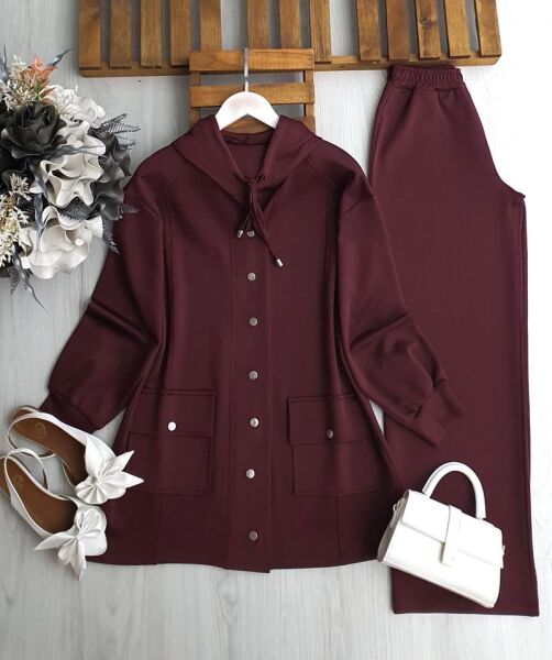 CUME ÇIT ÇIT DÜĞMELİ KAPŞONLU İKİLİ TAKIM A7-4-1685-04-BORDO - 1