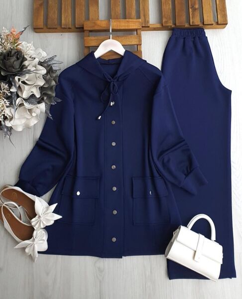 CUME ÇIT ÇIT DÜĞMELİ KAPŞONLU İKİLİ TAKIM A7-4-1685-12-LACİVERT - 1