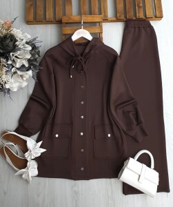 CUME ÇIT ÇIT DÜĞMELİ KAPŞONLU İKİLİ TAKIM A7-4-1685-37-KAHVE - 