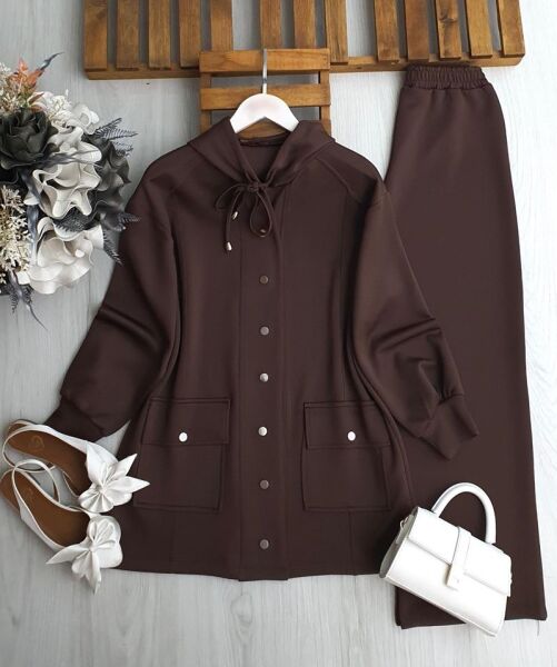 CUME ÇIT ÇIT DÜĞMELİ KAPŞONLU İKİLİ TAKIM A7-4-1685-37-KAHVE - 1