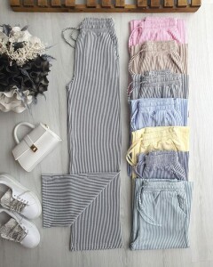 CUSAL BELİ LASTİKLİ BAĞCIKLI ÇİZGİLİ BOL PAÇA PANTOLON 6071-01-SİYAH - 