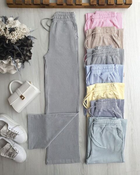 CUSAL BELİ LASTİKLİ BAĞCIKLI ÇİZGİLİ BOL PAÇA PANTOLON 6071-01-SİYAH - 1
