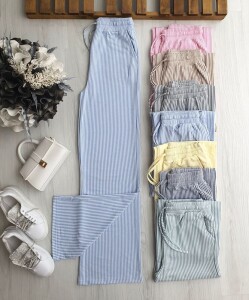 CUSAL BELİ LASTİKLİ BAĞCIKLI ÇİZGİLİ BOL PAÇA PANTOLON 6071-10-MAVİ - 