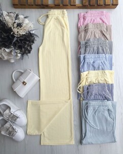 CUSAL BELİ LASTİKLİ BAĞCIKLI ÇİZGİLİ BOL PAÇA PANTOLON 6071-23-SARI - 