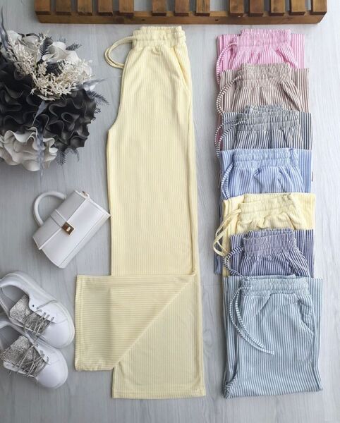 CUSAL BELİ LASTİKLİ BAĞCIKLI ÇİZGİLİ BOL PAÇA PANTOLON 6071-23-SARI - 1