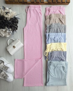 CUSAL BELİ LASTİKLİ BAĞCIKLI ÇİZGİLİ BOL PAÇA PANTOLON 6071-47-PEMBE - 