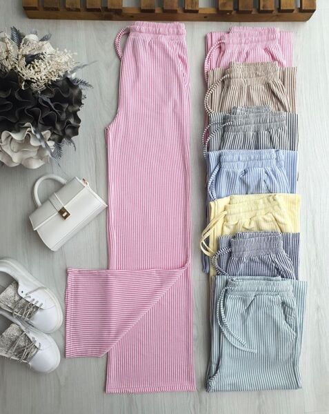 CUSAL BELİ LASTİKLİ BAĞCIKLI ÇİZGİLİ BOL PAÇA PANTOLON 6071-47-PEMBE - 1