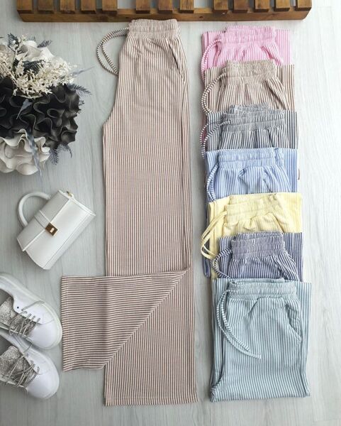 CUSAL BELİ LASTİKLİ BAĞCIKLI ÇİZGİLİ BOL PAÇA PANTOLON C9-6071-48-BİSKÜVİ - 1