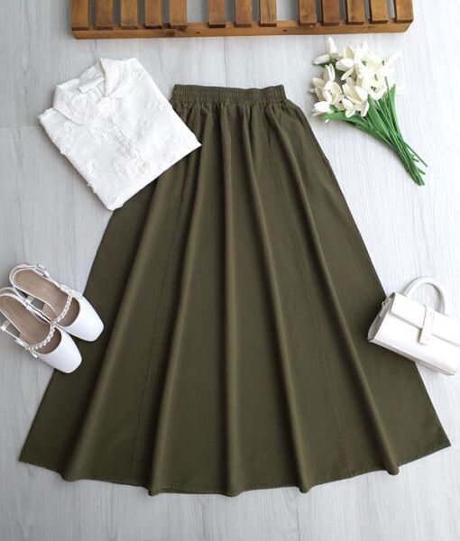 DALQ CEPLİ BELİ LASTİK KETEN ETEK 6122-09-HAKİ - 1