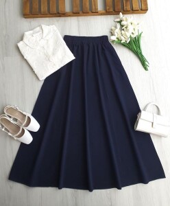 DALQ CEPLİ BELİ LASTİK KETEN ETEK 6122-12-LACİVERT - 1