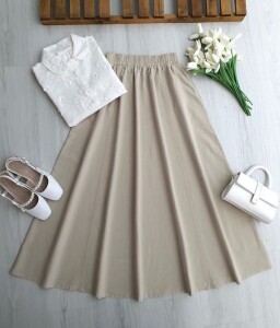 DALQ CEPLİ BELİ LASTİK KETEN ETEK 6122-34-BEJ - 1