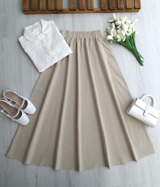 DALQ CEPLİ BELİ LASTİK KETEN ETEK 6122-34-BEJ - 1