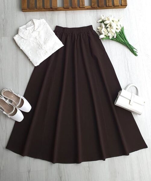 DALQ CEPLİ BELİ LASTİK KETEN ETEK 6122-37-KAHVE - 1