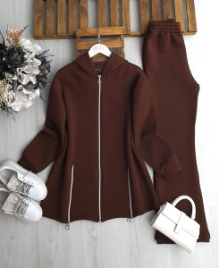 DAMFE FERMUAR DETAYLI ÜÇ İPLİK TAKIM 1688-37-KAHVE - 