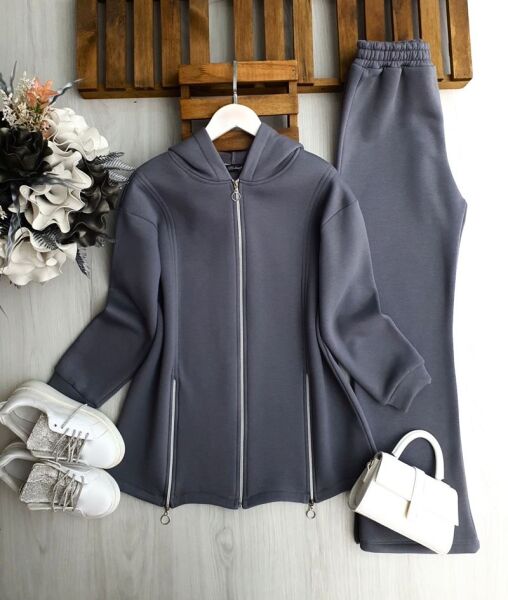 DAMFE FERMUAR DETAYLI ÜÇ İPLİK TAKIM C6-1688-58-FÜME - 1