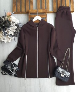 DAMFE FERMUAR DETAYLI ÜÇ İPLİK TAKIM C6-1688-98-KOYU KAHVE - 