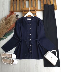 DANY SIRALI DÜĞMELİ BELİ İPLİ KOT KAP CEKET A3-5-3226-57-KOYU KOT - 