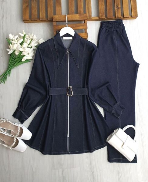 DARL SİVRİ YAKA TOKA KEMERLİ FERMUARLI KOT TAKIM 1736-12-LACİVERT - 1