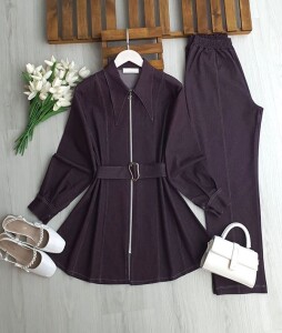 DARL SİVRİ YAKA TOKA KEMERLİ FERMUARLI KOT TAKIM 1736-18-MÜRDÜM - 1