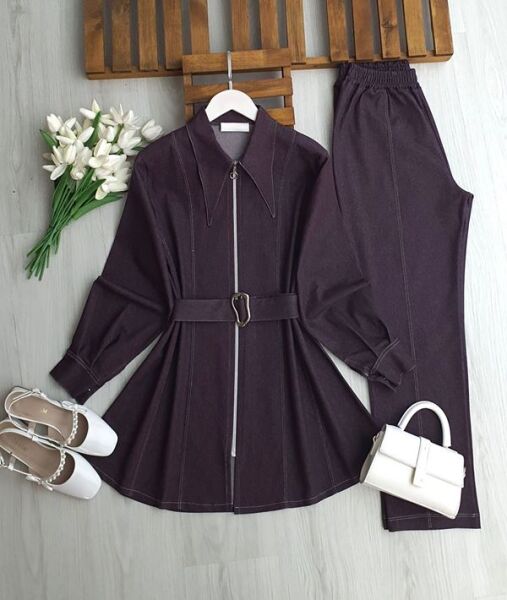 DARL SİVRİ YAKA TOKA KEMERLİ FERMUARLI KOT TAKIM 1736-18-MÜRDÜM - 1