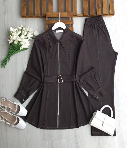 DARL SİVRİ YAKA TOKA KEMERLİ FERMUARLI KOT TAKIM 1736-37-KAHVE - 1