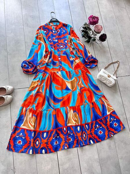 DEFNE DESENLİ PATLI YARIM DÜĞMELİ SALAŞ ELBİSE D4-2301-15-ORANJ - 1