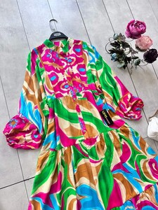 DEFNE DESENLİ PATLI YARIM DÜĞMELİ SALAŞ ELBİSE D4-2301-28-FUŞYA - 2