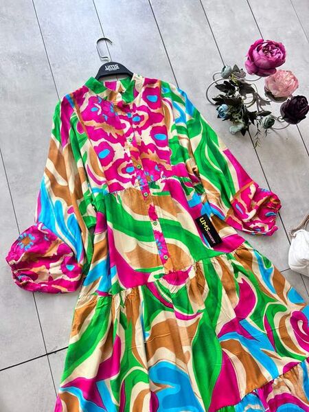 DEFNE DESENLİ PATLI YARIM DÜĞMELİ SALAŞ ELBİSE D4-2301-28-FUŞYA - 2