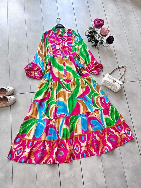 DEFNE DESENLİ PATLI YARIM DÜĞMELİ SALAŞ ELBİSE D4-2301-28-FUŞYA - 1