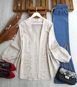 DENİ BALON KOL NAKIŞLI CEKET B1-5-23347-85-HARDAL-BEJ - 