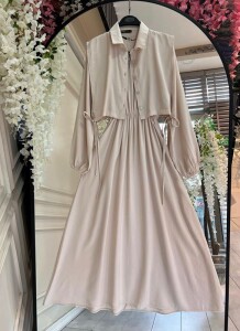 DESHI ÖNÜ DÜĞMELİ YAN BAĞLAMALI BOLEROLU ELBİSE İKİLİ TAKIM C6-2349-34-BEJ - 2