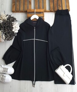 DEYA BEYAZ BİYELİ FERMUARLI KAPŞONLU RAHAT KALIP SPOR TAKIM B2-4-1650-01-SİYAH - 