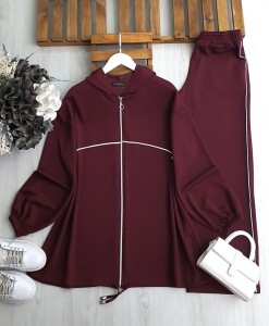 DEYA BEYAZ BİYELİ FERMUARLI KAPŞONLU RAHAT KALIP SPOR TAKIM 1650-04-BORDO - 