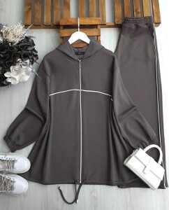 DEYA BEYAZ BİYELİ FERMUARLI KAPŞONLU RAHAT KALIP SPOR TAKIM B2-4-1650-58-FÜME - 