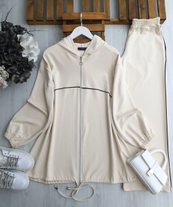 DEYA BEYAZ BİYELİ FERMUARLI KAPŞONLU RAHAT KALIP SPOR TAKIM B2-4-1650-34-BEJ - 