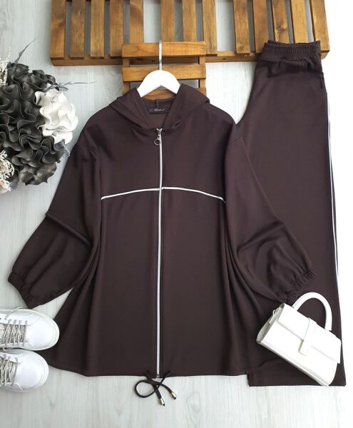 DEYA BEYAZ BİYELİ FERMUARLI KAPŞONLU RAHAT KALIP SPOR TAKIM B2-4-1650-37-KAHVE - 1