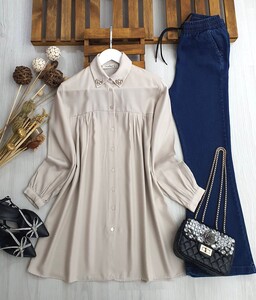 DEYGE YAKA TAŞLI GÖMLEK TUNİK A10-1-23353-34-BEJ - 