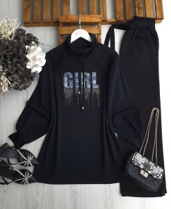 DİLES KOT YAZILI TAŞLI YAKA BAĞCIKLI TUNİK B5-5-5648-01-SİYAH - 