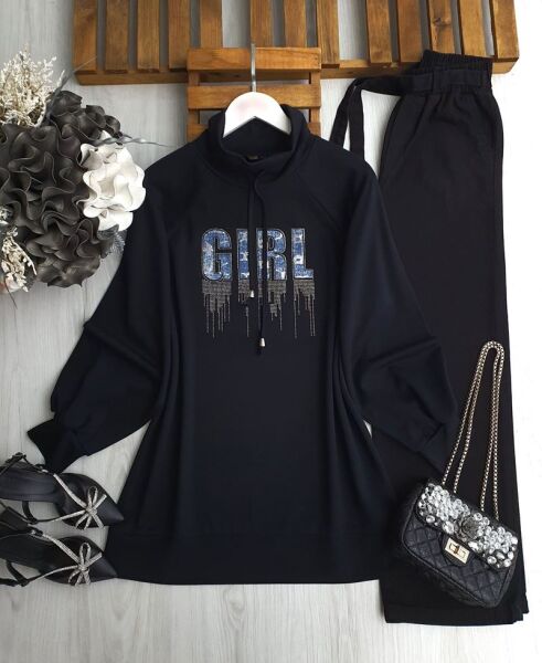 DİLES KOT YAZILI TAŞLI YAKA BAĞCIKLI TUNİK B5-5-5648-01-SİYAH - 1