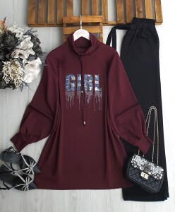 DİLES KOT YAZILI TAŞLI YAKA BAĞCIKLI TUNİK B5-5-5648-04-BORDO - 