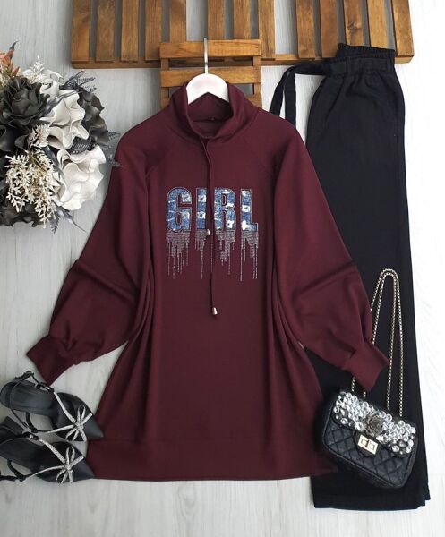 DİLES KOT YAZILI TAŞLI YAKA BAĞCIKLI TUNİK B5-5-5648-04-BORDO - 1