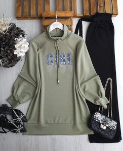 DİLES KOT YAZILI TAŞLI YAKA BAĞCIKLI TUNİK B5-5-5648-09-HAKİ - 