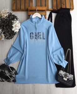 DİLES KOT YAZILI TAŞLI YAKA BAĞCIKLI TUNİK B5-5-5648-10-MAVİ - 