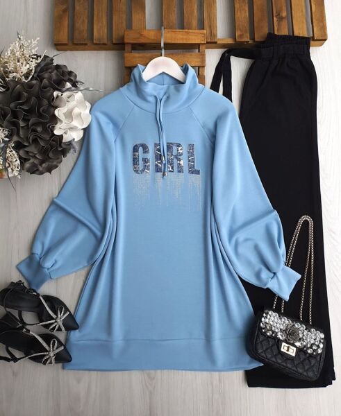 DİLES KOT YAZILI TAŞLI YAKA BAĞCIKLI TUNİK B5-5-5648-10-MAVİ - 1