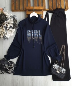 DİLES KOT YAZILI TAŞLI YAKA BAĞCIKLI TUNİK B5-5-5648-12-LACİVERT - 