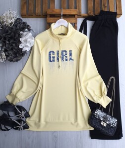 DİLES KOT YAZILI TAŞLI YAKA BAĞCIKLI TUNİK B5-5-5648-23-SARI - 