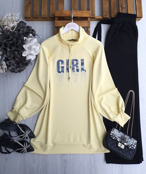 DİLES KOT YAZILI TAŞLI YAKA BAĞCIKLI TUNİK B5-5-5648-23-SARI - 1