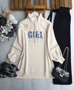 DİLES KOT YAZILI TAŞLI YAKA BAĞCIKLI TUNİK B5-5-5648-34-BEJ - 