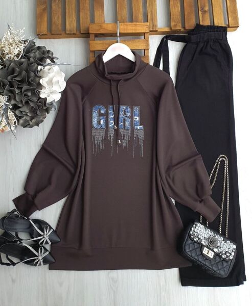 DİLES KOT YAZILI TAŞLI YAKA BAĞCIKLI TUNİK B5-5-5648-37-KAHVE - 1